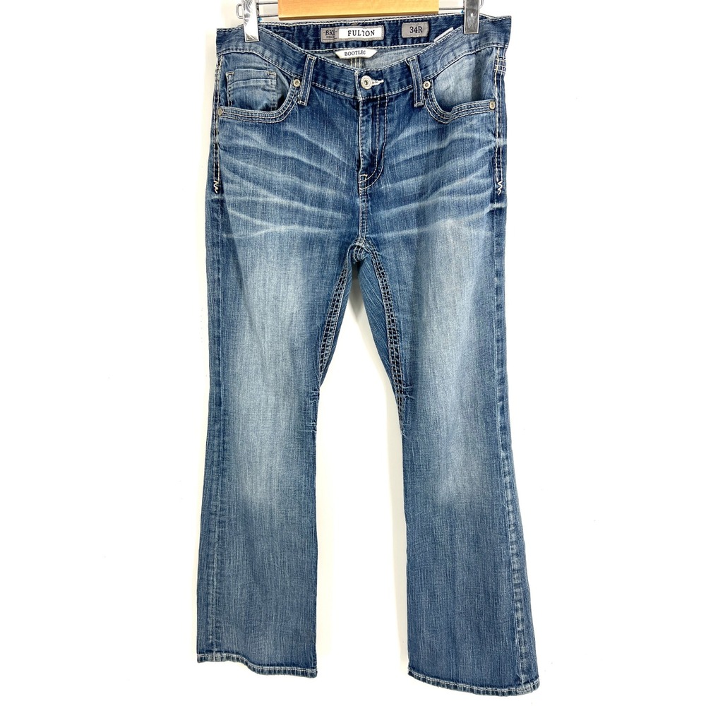 BKE Fulton Bootleg Jeans Mens 34R Medium Wash Distressed Bootcut Denim PLM1805